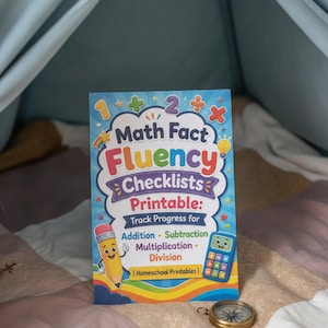May include: A rectangular educational card titled Math Fact Fluency Checklists Printable: Track Progress for Addition, Subtraction, Multiplication, Division. The blue card features a cartoon pencil, a calculator, and colorful math symbols.