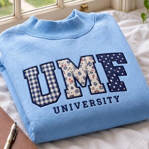 Custom Embroidered College Sweatshirt, Floral Patchwork Mockneck Pullover