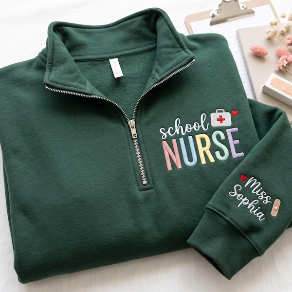 Custom Embroidered School Nurse Quarter Zip, Comfort Colors Apple Design