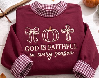 God Is Faithful Gingham Mock Neck Sweatshirt, Christian Fall Embroidered Crewneck, Pumpkin Faith Shirt