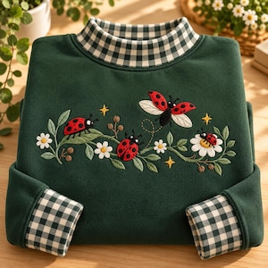 Embroidered Ladybug Sweatshirt, Gingham Mockneck Bug Lover Pullover, Cottagecore Botanical Jumper, Nature Insect Entomology Gift