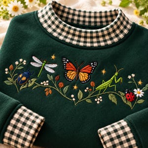 Sudadera con bordado de insectos, jersey de cuello alto a cuadros para amantes de los insectos, top con estampado de la naturaleza, mariposa monarca, libélula, mantis religiosa y mariquita.