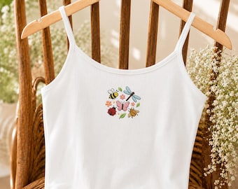 Embroidered Bee Butterfly Ladybug Floral Tank Top, Cottagecore Summer Shirt