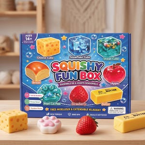 May include: A blue Squishy Fun Box containing sensory toys, featuring illustrations of a cheese cube, snowflake cube, ocean cube, bread, apple, pearl cat paw, strawberry, and butter. Four physical squishy toys sit in front of the box.