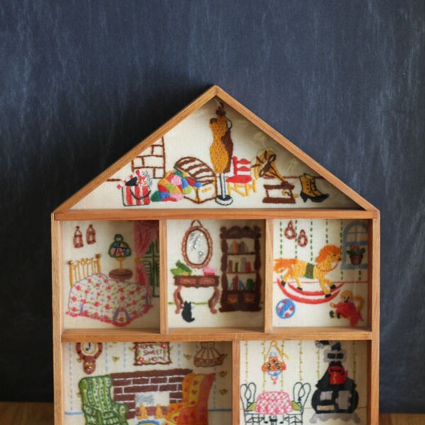 RESERVED FOR AMY Vintage Cross Stitch Needlepoint House With Wood Frame Dividing Rooms - Beautifully Done