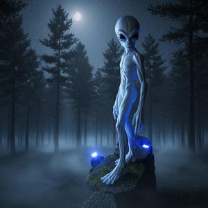 May include: A pale, slender extraterrestrial figure with a large, smooth head and dark, almond-shaped eyes standing on a mossy stone formation. The creature has elongated limbs and defined musculature, positioned in a dark, misty forest at night.