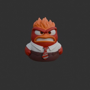 May include: A rubber duck figurine styled as a character with a red head, orange flame-like hair, and a furrowed brow. The figure wears a white collared shirt, a brown belt, and a red and white striped necktie over a brown lower body section.