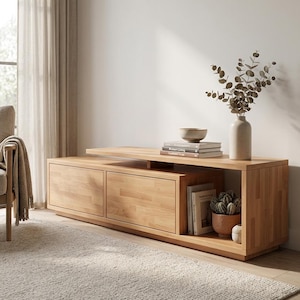 May include: A light-toned wooden media console featuring a sliding top section, two rectangular storage drawers, and an open side shelf. The unit is constructed from joined wood panels and provides surface space for a ceramic vase and books.