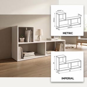 May include: A white wooden storage unit with an asymmetrical design featuring multiple open shelves. The unit measures 2ft in height, 4ft in length, and 2ft in depth as shown in the imperial diagram. It holds books, a small plant, and a lamp.