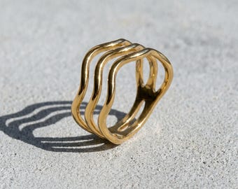 Gold Wave Rings | Titanium Wavy Stackable Ring | Minimalist Statement Ring | Waterproof Tarnish Free Jewelry | Dainty Boho Layering Gift Her
