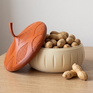 Op de afbeelding: Een ronde, crèmekleurige kom gevuld met ongepelde pinda's, vergezeld van een apart, terracotta-kleurig deksel met een gestructureerd bladpatroon en een steeltje als handvat, met twee extra pinda's ervoor.