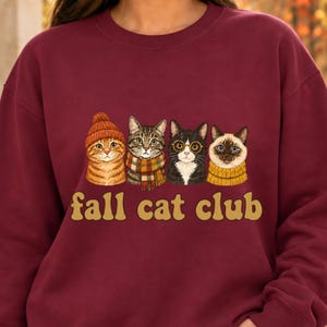 Sweat-shirt Automne Club des Chats, Cadeau mignon pour les amoureux des chats, Pull unisexe d'automne à col rond confortable, motif chat vintage