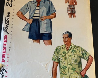 Simplicity 3201 pattern, Men's Beach Shirt and Swim Shorts, Size Small, ca. 1950