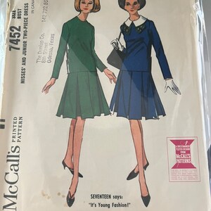 May include: Vintage McCall's sewing pattern for a two-piece dress. The pattern is for misses and juniors and has a bust size of 31 inches. The pattern is printed on a white background with a red and white border. The pattern includes a dressmaker tested design from McCall's Patterns. The pattern is for a dress with a skirt that is slightly flared and a fitted bodice. The pattern is from the 1960s.