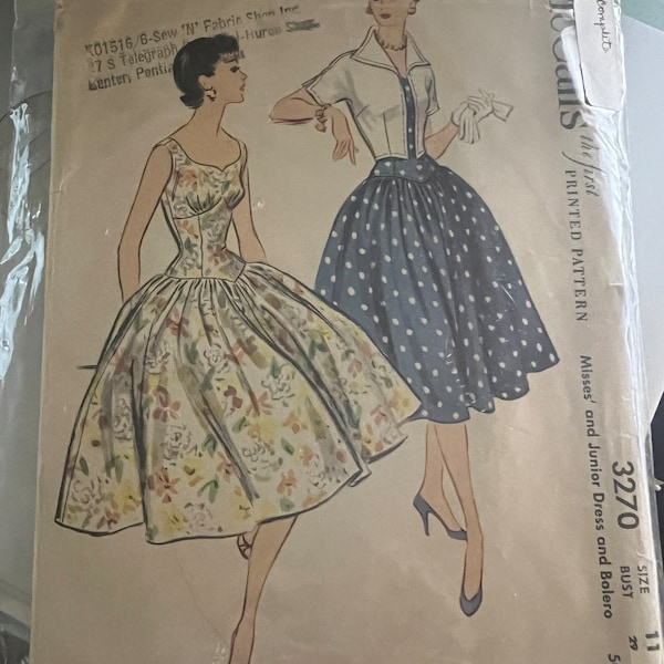 Vintage McCall's 3270 sewing pattern, Misses' and Juniors' Dress and Bolero, Size 11, ca. 1955