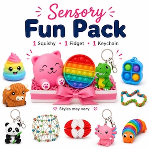 Sensorisk presentask för barn med squishy, fidgetleksak och nyckelring, 3-delat set