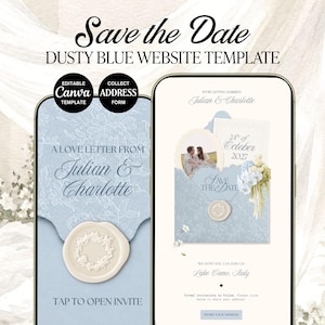 May include: A dusty blue Save the Date website template for mobile devices featuring a lace pattern, a wax seal, and text reading A LOVE LETTER FROM Julian & Charlotte, Save the Date, 24th of October 2027, and Lake Como, Italy.