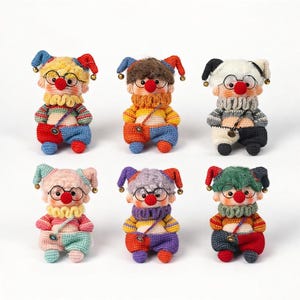 May include: Six handmade crochet dolls featuring jester-style hats with small bells, round glasses, and red noses. Each doll wears a ruffled collar, a striped long-sleeve shirt, and color-blocked pants, with a small crossbody bag featuring a button.