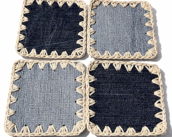 Porta-copos de crochê em denim índigo