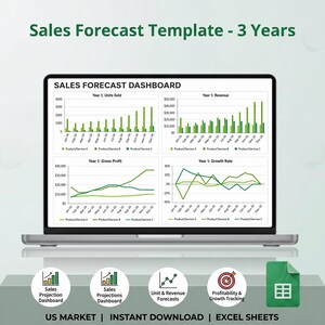 May include: A digital sales forecast template displayed on a laptop screen, featuring a dashboard with four charts tracking units sold, revenue, gross profit, and growth rate. Below are four circular icons and a green spreadsheet file icon.