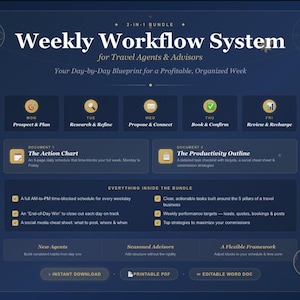 Travel Agent Weekly Workflow Planner Bundle | Daily Action Chart for Travel Advisors | Productivity Schedule (Printable PDF + Editable Word)