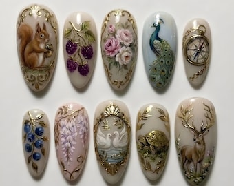 Handmade Vintage Cottagecore Press On Nails | Hand Painted Woodland Animal Floral Art | Elegant Gold Frame Almond Fake Nails