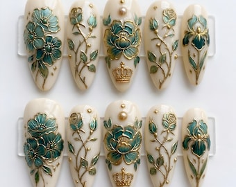 Handmade Botanical Flower Press On Nails | Elegant Teal Gold Rose Peony Nail Art | Vintage Luxury Fake Nails