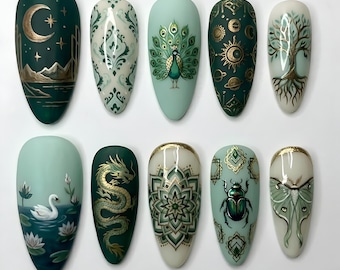 Handmade Mystic Nature Press On Nails | Forest Fantasy Celestial Gold Botanical Design | Emerald Sage Green Almond Fake Nails