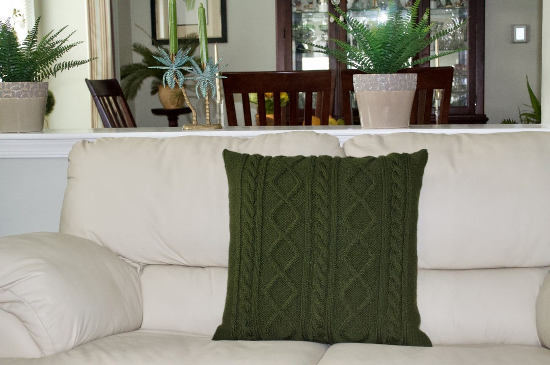Pine Green Pillow Case 20X20 Square Pillow Knit Pillow Cable & Diamond