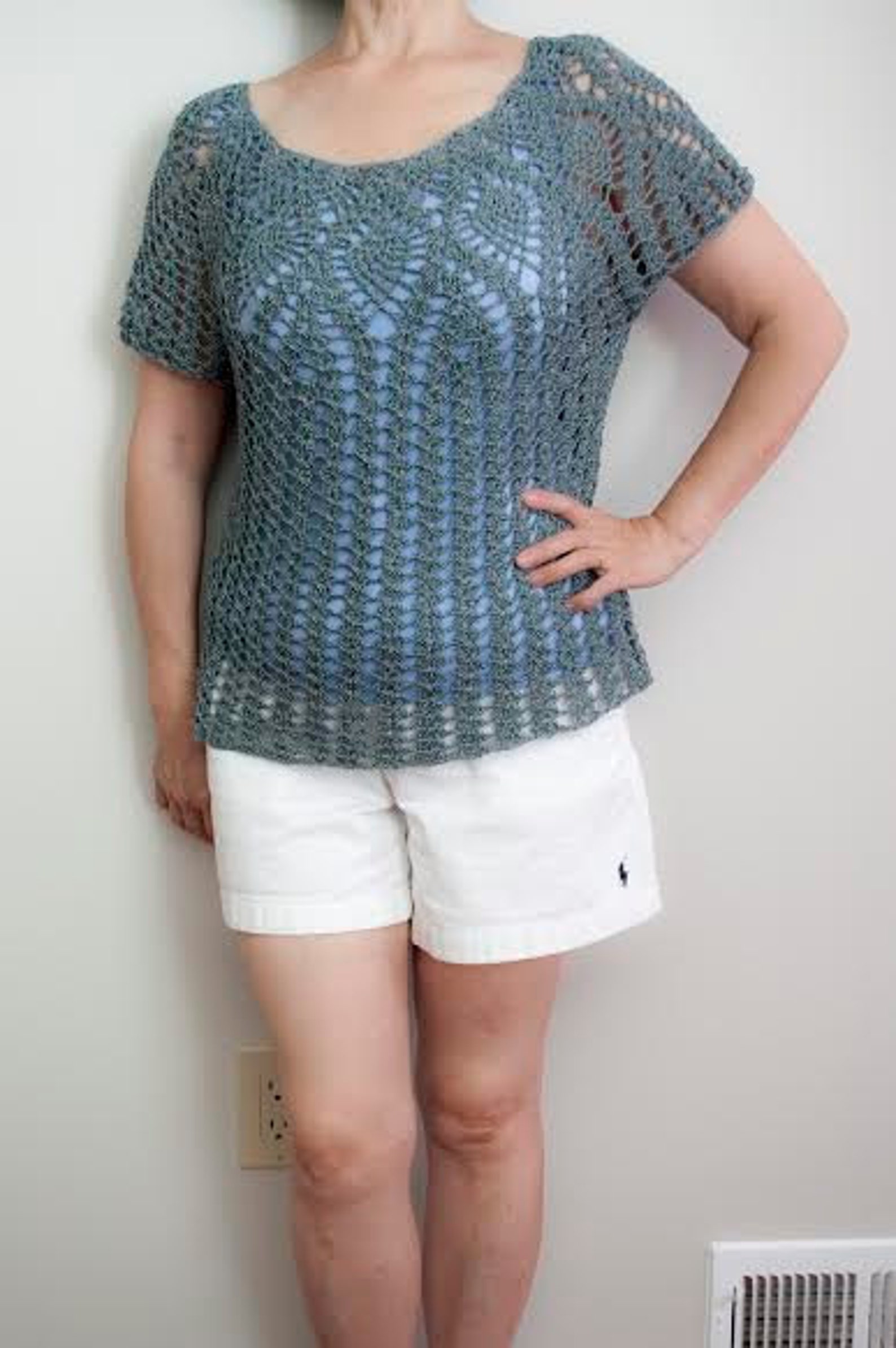Green Sweater Crochet Sweater Short Sleeved Top Etsy