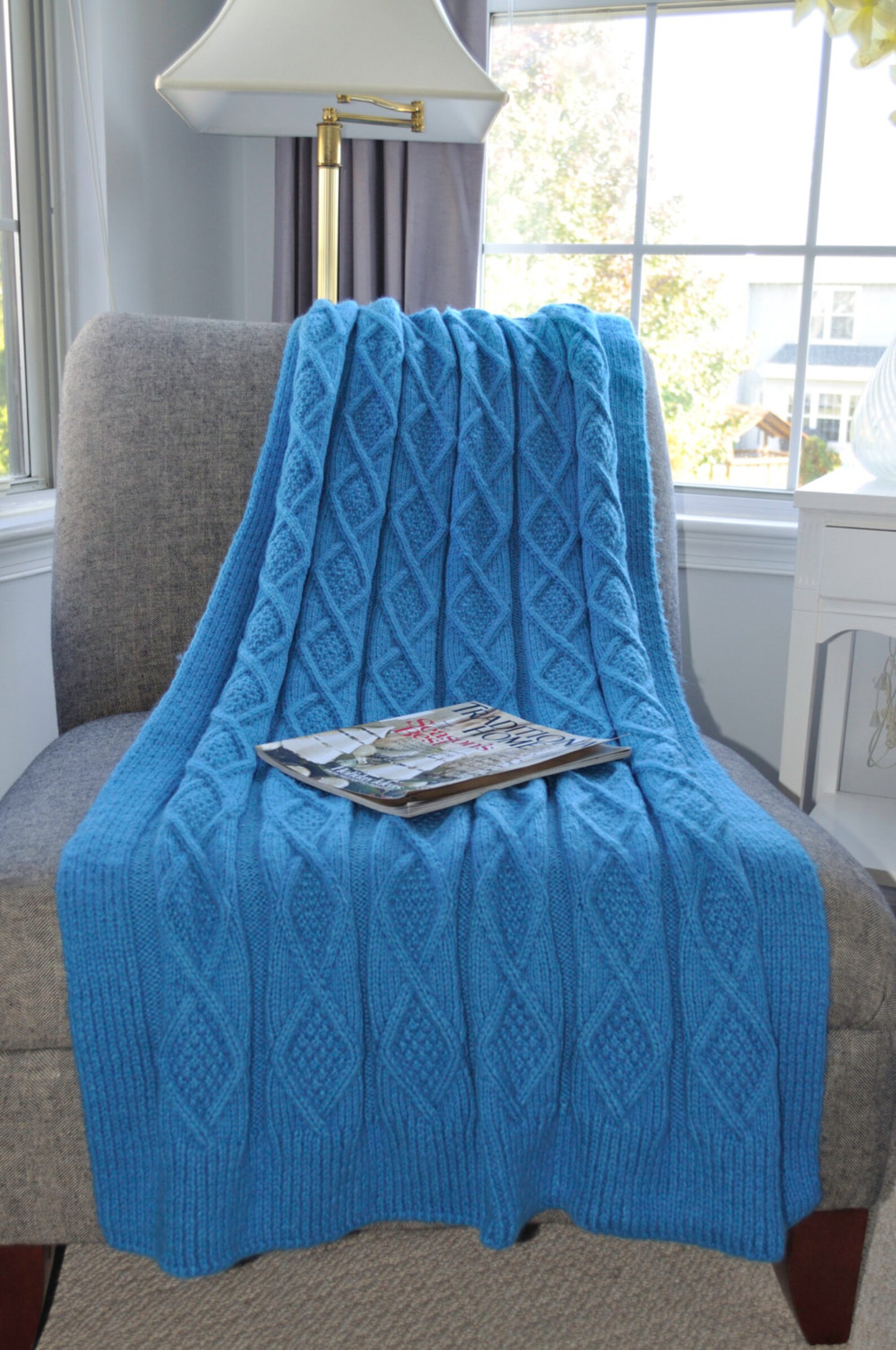 Blue Blanket Throw Handknit Diamond Pattern Etsy