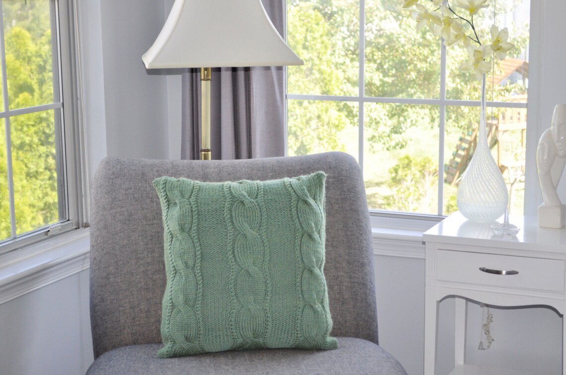 Light Green Pillow Case 20X20 Square Pillow Knit Pillow Cable Etsy