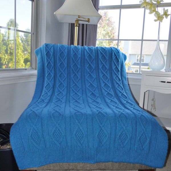 Blue Blanket Throw Handknit Diamond Pattern