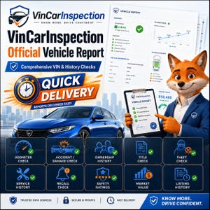 May include: A promotional graphic for VinCarInspection featuring a blue sedan, a fox character in a blue suit holding a vehicle report, and a list of services including odometer, accident, ownership, title, theft, service, recall, and market value checks.