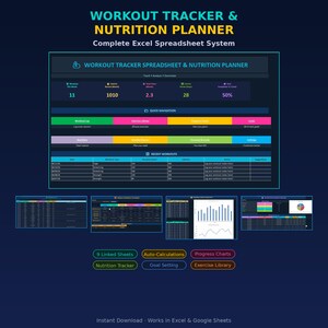 May include: A digital workout tracker and nutrition planner Excel spreadsheet system. The interface features dark blue backgrounds with colorful navigation bars, data tables, progress charts, and summary metrics. Text includes "Workout Tracker & Nutrition Planner," "Complete Excel Spreadsheet System," and "9 Linked Sheets."
