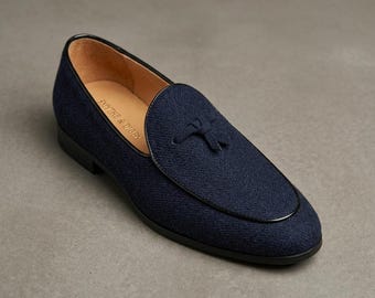 Belgian Shoes-instappers heren marineblauwe tweed