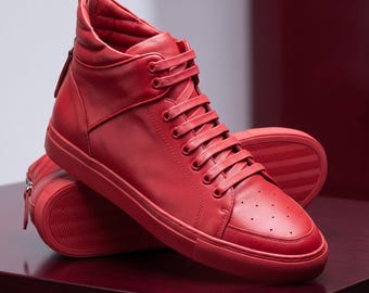 Men's Red Monochrome All-Red Leather Cupsole Fashion Sneakers