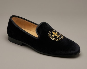 Men's Black Velvet Loafers with Gold Fleur de Lis Embroidery Smoking Slippers | Prom Wedding Tuxedo Shoes |  Gift for Him