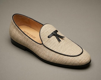 Men's Resort Beige Natural  Linen Tassel Belgian Loafers