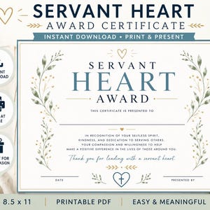 Pode incluir: Um certificado de prémio Servant Heart branco com texto azul escuro e detalhes dourados. O design apresenta ilustrações de folhas botânicas nas laterais, um ícone de coração central com uma cruz e linhas em branco para a data e nomes.