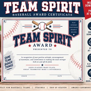 Może przedstawiać: Szablon certyfikatu nagrody baseballowej Team Spirit z grafiką piłki baseballowej i skrzyżowanych kijów, czerwonym i niebieskim tekstem oraz liniami na trenera i datę. Dokument zawiera frazy Same Team Bigger Things oraz Good Players Make Plays.