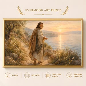 May include: A digital art print titled EVERMOOD ART PRINTS featuring a figure in robes walking along a coastal path at sunset. The artwork is displayed in a gold frame with 4K UHD, 16:9 ratio, 3840 x 2160 pixels, and Samsung Frame TV labels.