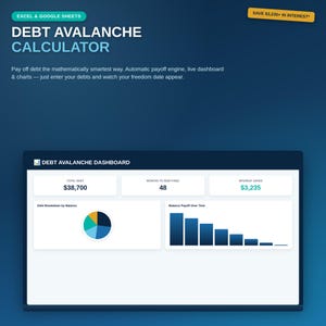 Calculadora de avalancha de deudas (hoja de cálculo): Excel, Google Sheets. Seguimiento de pagos (descarga digital).