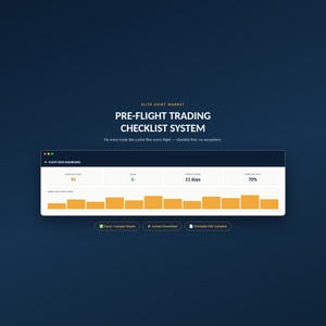 May include: A digital dashboard titled Elite Asset Market Pre-Flight Trading Checklist System. The interface displays a Flight Deck Dashboard with metrics including a discipline score of 90, an A- grade, an 11-day streak, and a 70% entry pass rate.