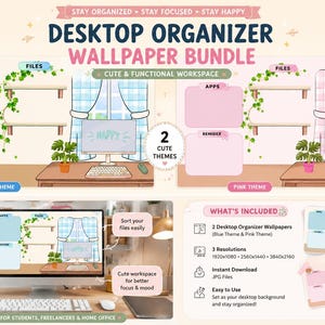 Desktop Organizer Wallpaper Bundle | Blue & Pink Workspace Themes | Mac Windows Background | Laptop Computer Screen