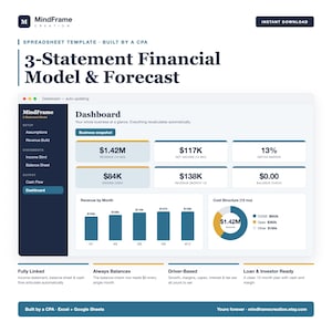 3-Statement Financial Model and Forecast | Startup Income Statement, Balance Sheet and Cash Flow Excel Template | CPA-Built
