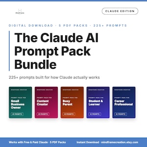 May include: A digital download bundle titled The Claude AI Prompt Pack Bundle, Claude Edition. It includes 5 PDF packs with 225+ prompts for small business owners, content creators, busy parents, students, learners, and career professionals.