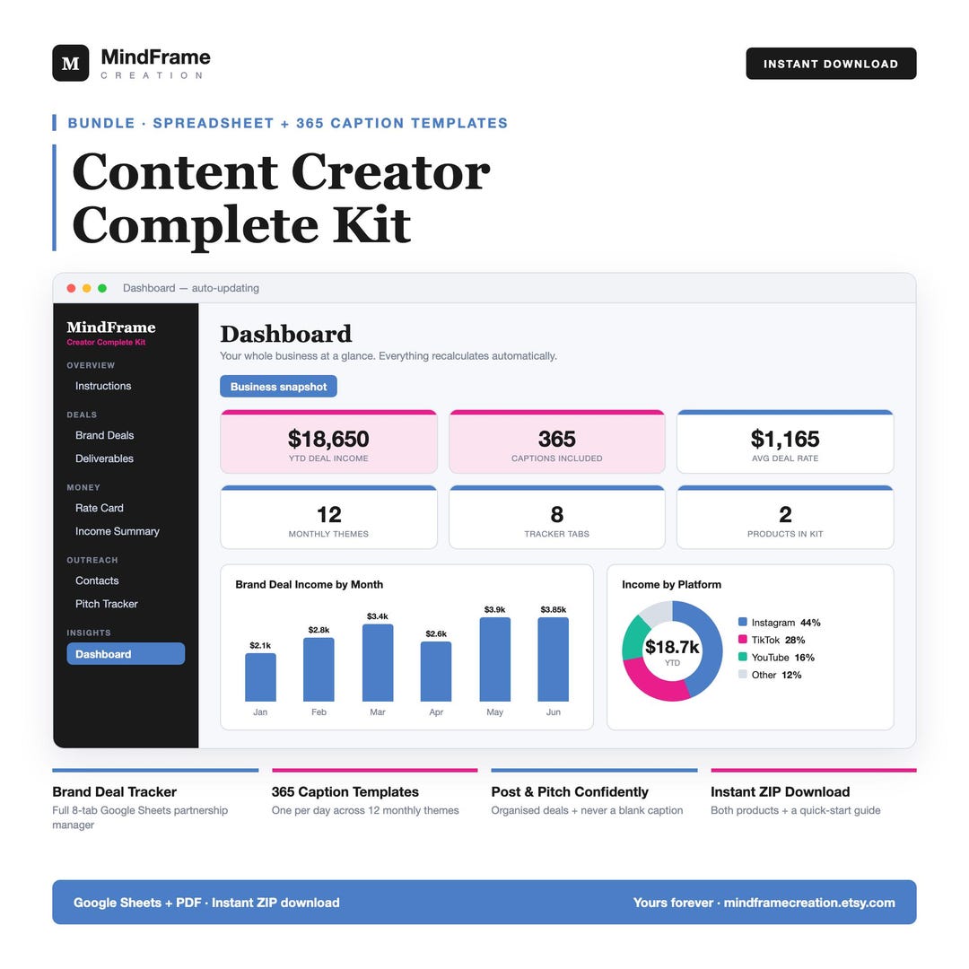 Content Creator Bundle | Brand Deal Tracker, 365 Captions (digital ...