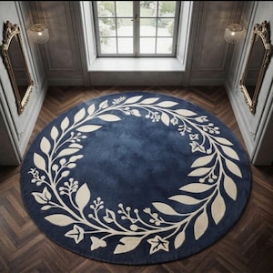 Handgetuft wollen rond vloerkleed met bloemenkrans, marineblauw botanisch vloerkleed, handgemaakt rond tapijt, op maat gemaakt modern woonkamerdecor