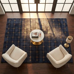 Hand Tufted Wool Navy Blue Geometric Rug, Modern Grid Pattern Area Rug, Handmade Contemporary Carpet, Custom Living Room Decor